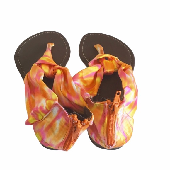Carrini ❉ Scarf Print Thong Flat Sandals ❉ Orange Pink Tie Dye ❉ Size 9 - Picture 5 of 9